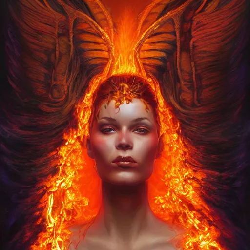 Image similar to A stunning portrait of a goddess, her body made of flames, by Jim Burns, intricate, fantasy, Trending on artstation.