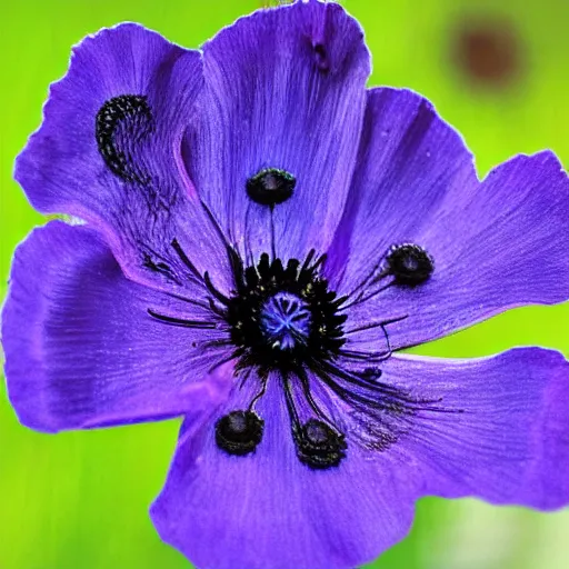 Image similar to detailed, intricate blue black and purple papaverum flower on the field, nebula in the sky