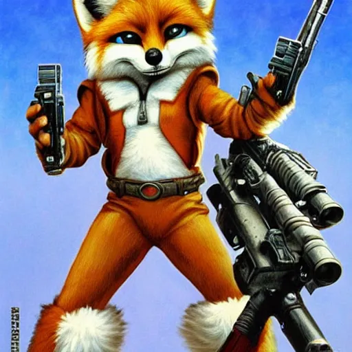 Prompt: a portrait of fox mccloud holding a blaster, anthropomorphic furry art, star fox, by peter elson and greg hildebrandt