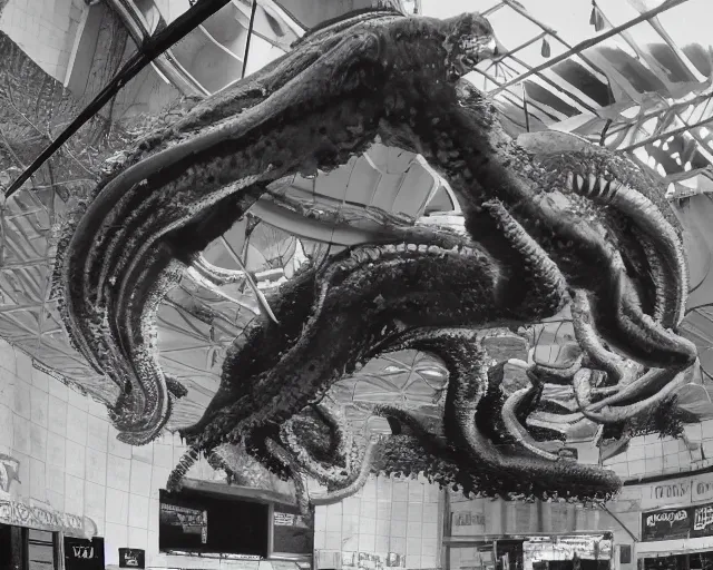 Image similar to camera footage of a extremely aggressive Giant mutated Octopus with glowing white eyes in an abandoned shopping mall, Psychic Mind flayer, Terrifying :7 , high exposure, dark, monochrome, camera, grainy, CCTV, security camera footage, timestamp, zoomed in, Feral, fish-eye lens, Fast, Radiation Mutated, Nightmare Fuel, Wolf, Evil, Bite, Motion Blur, horrifying, lunging at camera :4 bloody dead body, blood on floors, windows and walls :5