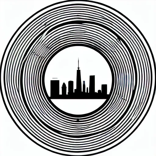 Image similar to a perfect circle where the inside is empty blank space and around the outer edge of the circle is the silhouette of a city skyline, black and white, minimalist, in the style of a line drawing