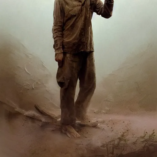 Image similar to a highly detailed epic cinematic concept art CG render digital painting artwork costume design: Henry Fonda as a 1950s tired disillusioned poet, barefoot, holding a small cigarette between his fingers. volumetric lighting. By Greg Rutkowski, in the style of Francis Bacon and Syd Mead and Norman Rockwell and Beksinski, open ceiling, highly detailed, painted by Francis Bacon and Edward Hopper, painted by James Gilleard, surrealism, airbrush, Ilya Kuvshinov, WLOP, Stanley Artgerm, very coherent, triadic color scheme, realistic facial expression, art by Takato Yamamoto and James Jean