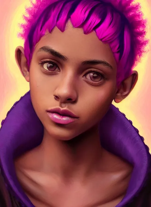 Image similar to portrait of teenage vanessa morgan with bright pink hair, black girl, curly pixie cut hair, wearing a purple breton cap, breton cap, hoop earrings, intricate, elegant, glowing lights, highly detailed, digital painting, artstation, concept art, smooth, sharp focus, illustration, art by wlop, mars ravelo and greg rutkowski