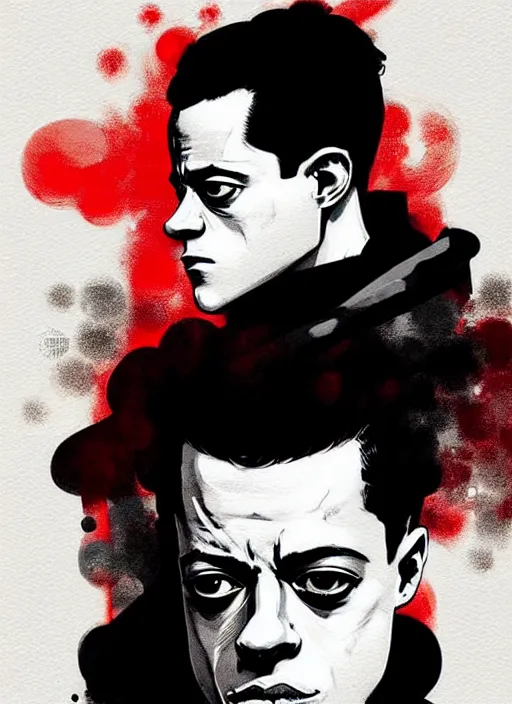 Image similar to highly detailed moody portrait of rami malek, elliot anderson, black hoody by atey ghailan, by greg rutkowski, by greg tocchini, by james gilleard, by joe fenton, by kaethe butcher, gradient red, black and white color scheme, grunge aesthetic!!! ( ( graffiti tag wall background, f society mask ) )