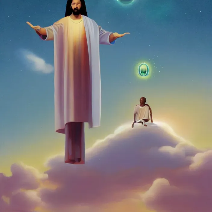 Prompt: UFO hovering over an African Jesus , clouds, colorful, painting by Hsiao-Ron Cheng,
