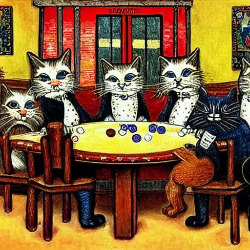 Prompt: cats playing poker in a saloon by louis wain