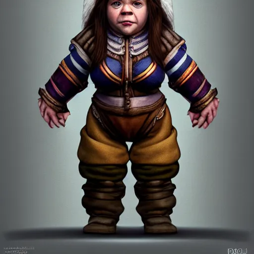 Image similar to full body shot of an dwarf girl, photorealistic, perfect symmetrical image, symmetrical face, perfect face, longshot, cinematic, hyper realism, hyper detailed