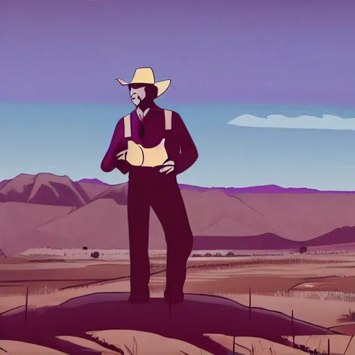 Image similar to screengrab of cowboy on the range, beautiful New Mexico landscape, Art Deco, pulp noir, dark deco, animated series, by Eric Radomski