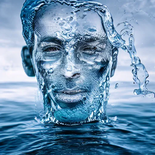 Image similar to water artwork manipulation in the shape of a human head, on the ocean water, ray tracing, realistic water sharp focus, long shot, 8 k resolution, cinematic, water art photoshop