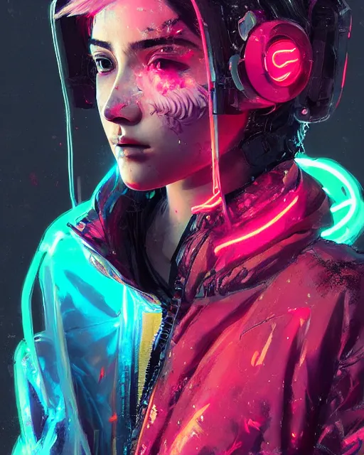 Image similar to detailed portrait Neon Operator Girl, cyberpunk futuristic neon, reflective puffy coat, decorated with traditional Japanese ornaments by Ismail inceoglu dragan bibin hans thoma greg rutkowski Alexandros Pyromallis Nekro Rene Maritte Illustrated, Perfect face, fine details, realistic shaded, fine-face, pretty face