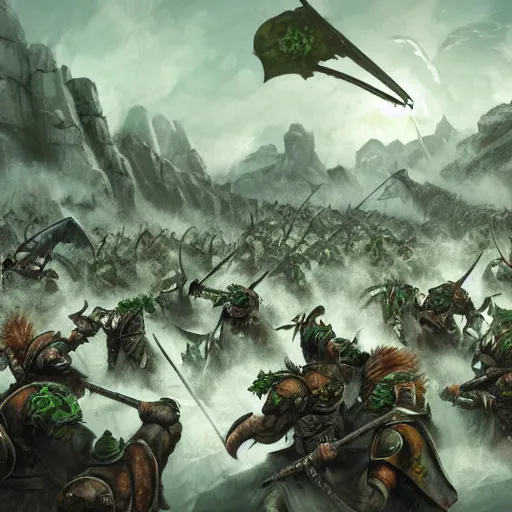 Prompt: wide landscape shot of warhammer greenskin orcs fighting pirate vampires, trending on artstartion