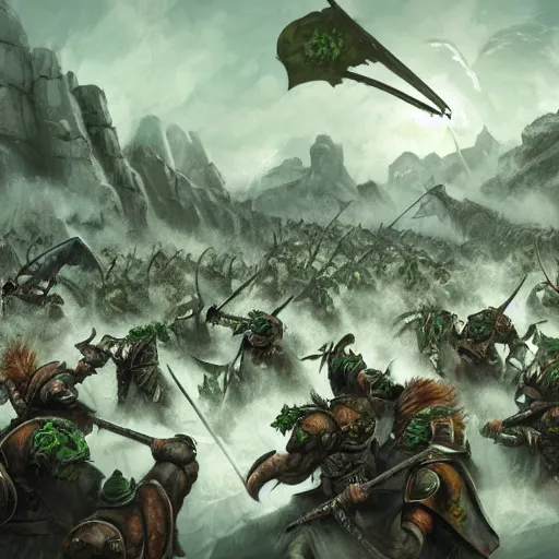 Image similar to wide landscape shot of warhammer greenskin orcs fighting pirate vampires, trending on artstartion