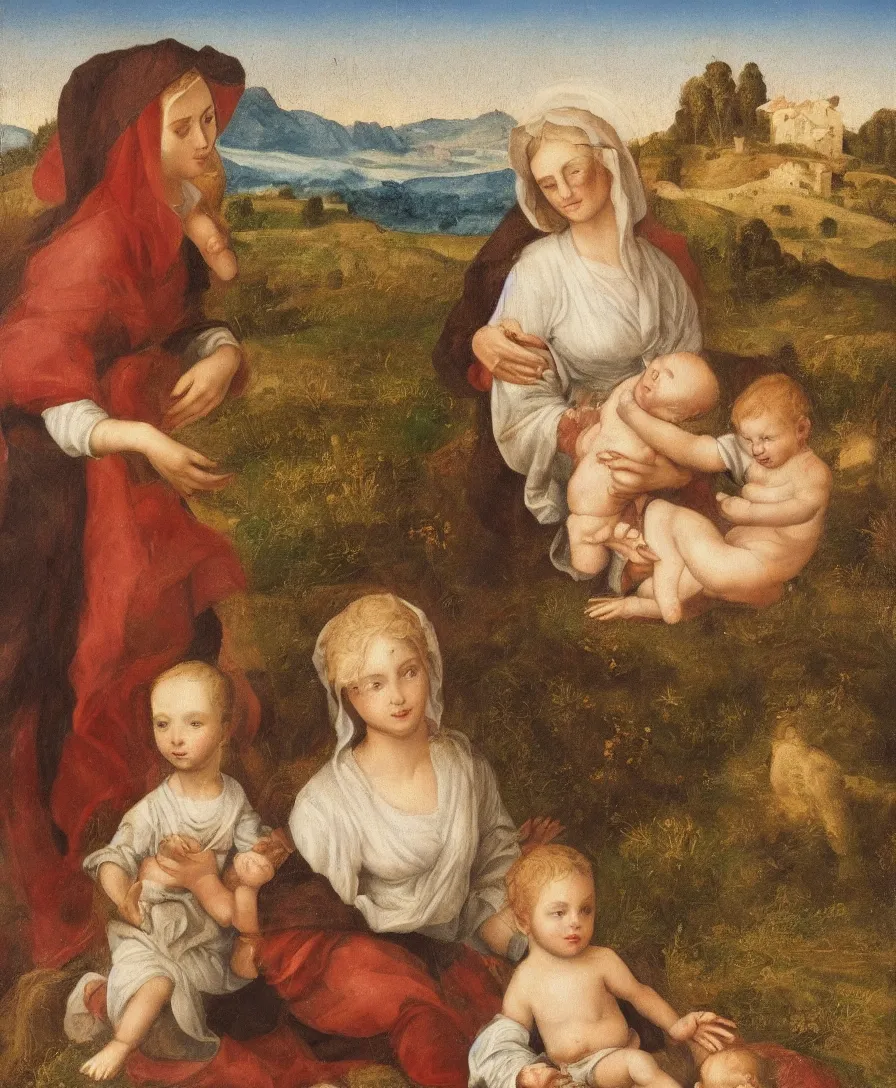 Prompt: Detailed Portrait of Madonna, alone with infant Jesus and another boy playin in front of her in the style of Raffael. Red hair. They are sitting in a dried out meadow near in Tuscany, red poppy in the field. On the horizon there is a blue lake with a town and blue mountains. Flat perspective.