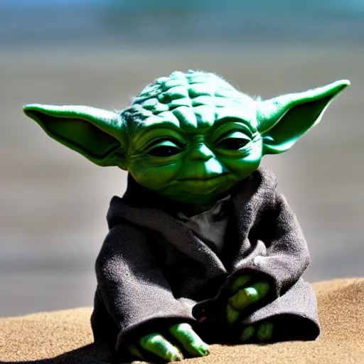 Prompt: sad Yoda on a beach