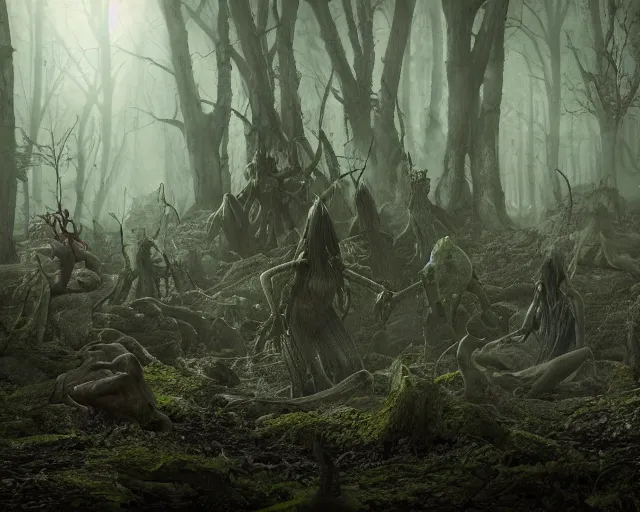 Image similar to the scariest witches surrounded by horror creatures in the scariest dark forest, epic scene, dark, scary, horror, frightening, fantasy, cinematic, redshift render, cgi, hyper - detailed, photo - bash, 8 k post - production, masterpiece