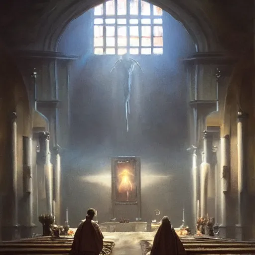 Prompt: a portrait of a xenomorph radiating holy light in the church,in the style of greg rutkowski,epic lighting,Postmodernism style,Masterpieces,oil on canvas