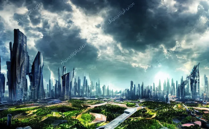 Image similar to vista of futuristic city, harmony of technology and nature, dramatic afternoon sky, peaceful