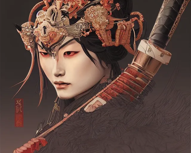 Image similar to oni samurai japanese style, face, fantasy, intricate, elegant, highly detailed, digital painting, artstation, concept art, smooth, sharp focus, illustration, artstation, cgsociety, art by artgerm and greg rutkowski and alphonse mucha