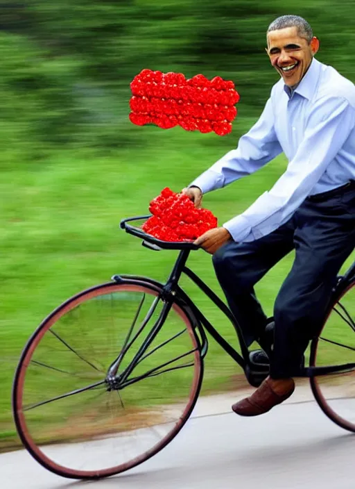 Prompt: Barak Obama riding a bike made of cornflakes with wheels made of watermelons