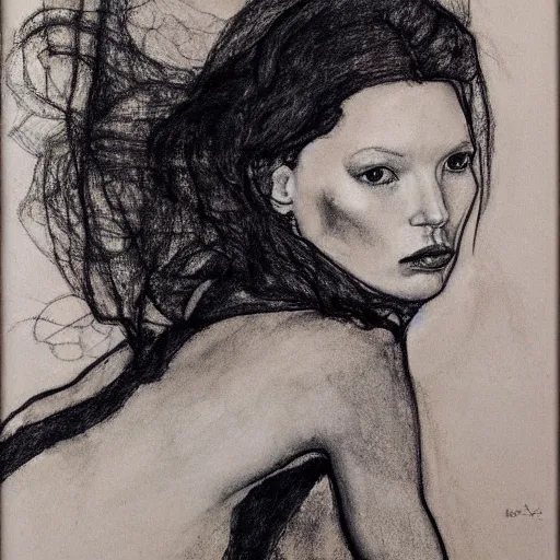 Prompt: charcoal drawing of kate moss by egon schiele