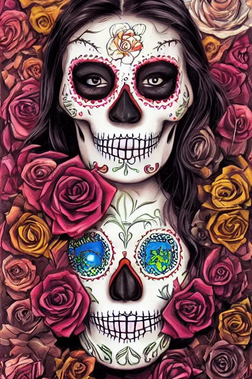 Prompt: illustration of a sugar skull day of the dead girl, art by jesper ejsing