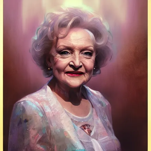 Image similar to betty white, hyperrealistic portrait, bladerunner street, art of elysium by jeremy mann and alphonse mucha, fantasy art, photo realistic, dynamic lighting, artstation, poster, volumetric lighting, very detailed face, 4 k, award winning