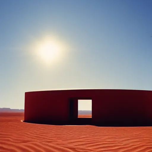 Image similar to a Non-Euclidean orb-like clay building sitting in the desert, vintage photo, beautiful cinematography, blue sky, film grain, extreme wide shot, far away, symmetrical, in the distance, James Turrell