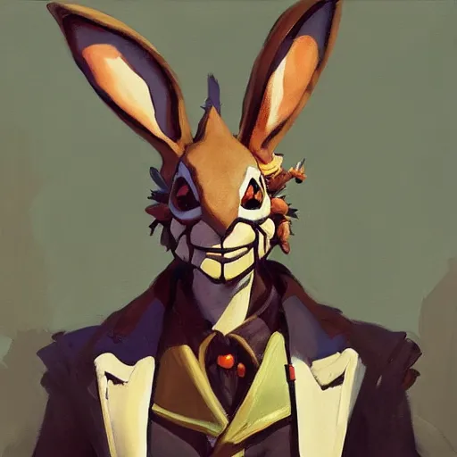 Image similar to greg manchess portrait painting of partially armored of the march hare from alice in wonderland as overwatch character, medium shot, asymmetrical, profile picture, organic painting, sunny day, matte painting, bold shapes, hard edges, street art, trending on artstation, by huang guangjian, gil elvgren, ruan jia, randy vargas, greg rutkowski