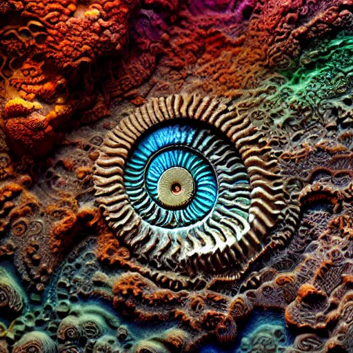 Prompt: a surgical ammonite fossil made of intricately detailed hand carved 3 d mandelbulb cybernetic motherboard made of brilliantly colored gradient volumetric smoke and fiber optic wire and pulse coral making a room, wide angle, good focus, by zdzisław beksinski, trending on artstation, artstation, pinterest, wallpaper 4 k, f 2 4