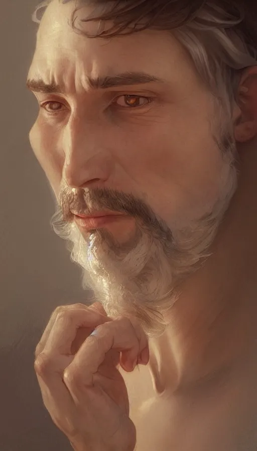 Image similar to portrait of homely man, dreamy and ethereal, goofy expression, side angle, intricate, elegant, highly detailed, digital painting, artstation, concept art, smooth, sharp focus, illustration, art by artgerm and greg rutkowski and alphonse mucha