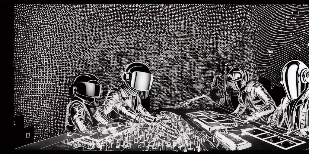 Prompt: intricate detailed artwork of Daft Punk using dj controller at an underground rave party in Ibiza, playing techno house music LOUD, thousands of beautiful girls in bikini dancing on the dancefloor, in the style of Moebius, wires, speakers, black and white ink, some ink drips