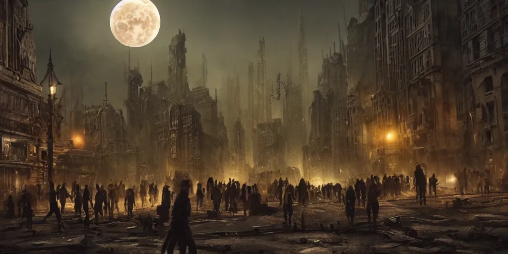 Prompt: a cinematic movie scene, 2 0 0 mm wide shot, a post - apocalyptic city with monuments, a dark yellow moon, bustling with people and flying cars, gothic environment, detailed illustration, sharp focus, concept art, unreal engine, octane render, god rays h 7 6 8