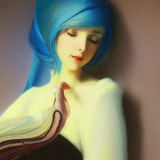 Image similar to a young woman's face, her hair is white and she wears an indigo satin cloak, by ivan aivazovsky and syd mead and moebius and gaston bussiere and roger dean and pieter claesz and paul delaroche and alma tadema and aelbert cuyp and willem claesz, hyperrealistic, volumetric light, octane render