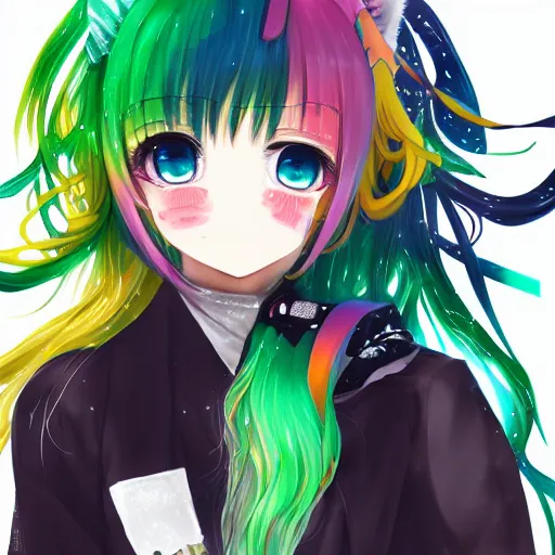 Image similar to digital 2 d, illustration, anime & manga, stylized, anime, colorful, smile, kawaii, decora, harajuku, grills, teeth, jewelry, bandaid, bandage, green hair, freckles, nails, nail art, fashion, stylish, rainbow