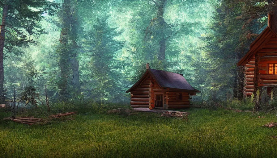 Image similar to a clearing in a forest with a cabin, digital art, highly detailed, realistic, bright colors, 8 k