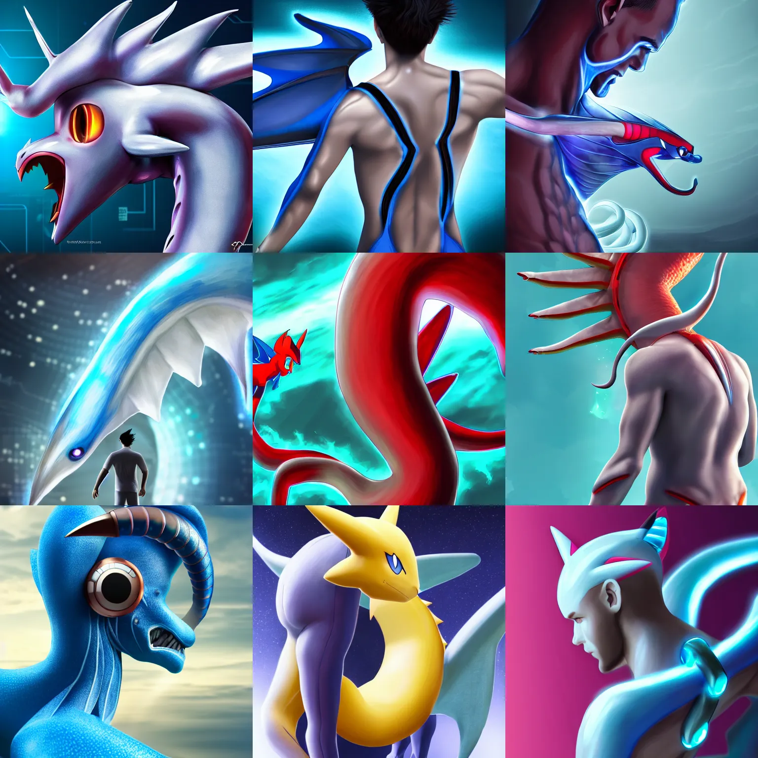 Prompt: human man with the tail of the pokemon dragonair attached to his spine, futuristic, electrical, back - shot, close - up, high tech, digital art, 4 k hd, very detailed