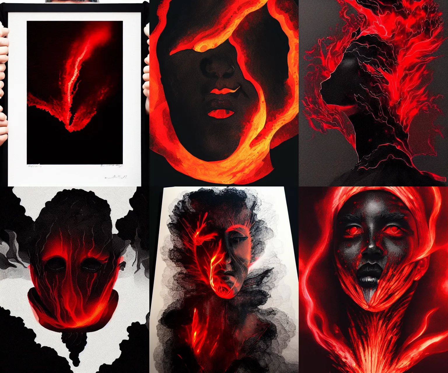 Prompt: black red ink smoke volcanic eruption portrait, by WLOP and artgerm, shattering geometric celestial art, artstation