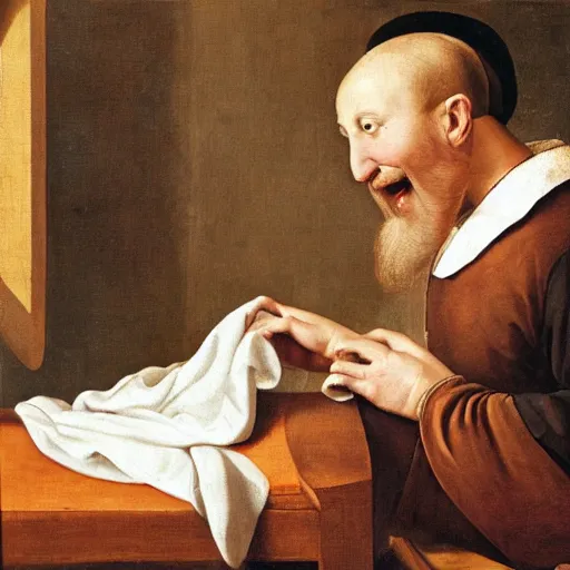 Prompt: a happy man ironing his collar shirt on a bed, renaissance, oil painting