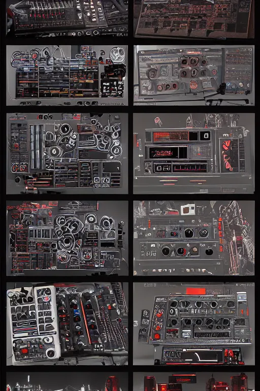 Image similar to drum machines and synththezisers, modular, in the style of akira, tron, sculpted by gaudi