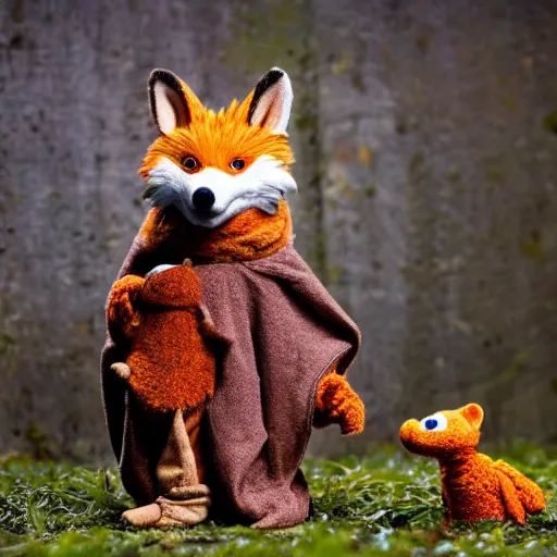 Image similar to a chibi foxfolk muppet druid wearing a hooded cloak holding a small muppet animal with a small herd of random muppet animals following behind, sesame street, photograph, photography, ultrarealistic, national geographic