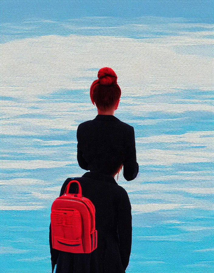 Image similar to wide shot rear view photographer woman hair in a bun long red stripe coat backpack sneakers grasping a nikon dslr camera while looking out over a placid blue lake, a character design painting, in the style of wes anderson, lola dupre, david hockney, isolated on negative white space background dark monochrome fluorescent spraypaint accents volumetric octane render, no double figure