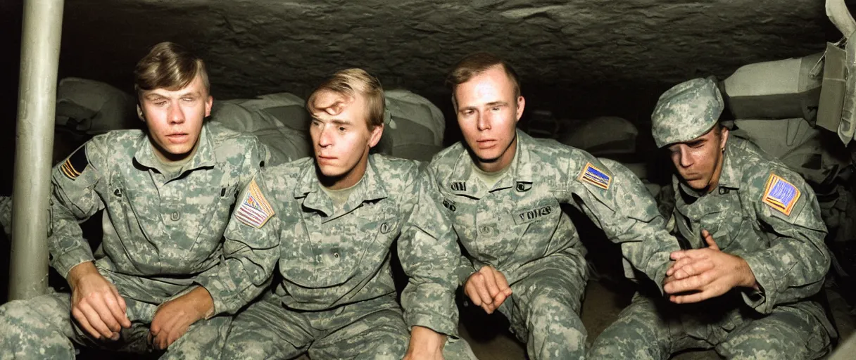 Image similar to a high quality color creepy atmospheric dimly lit extreme closeup film 3 5 mm depth of field photograph of 2 us soldiers bored having casual conversation inside a top secret military bunker in antarctica in 1 9 8 2