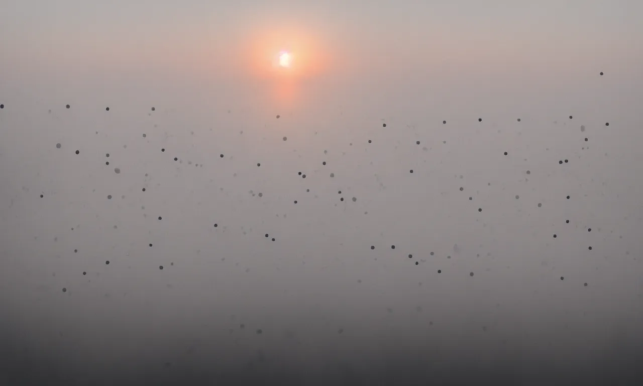 Image similar to dark-gray poetry words floating in the mist (black capsules with vocabulary words) pulling edges together, f/1.4 photograph of sunrise atmospheric phenomena