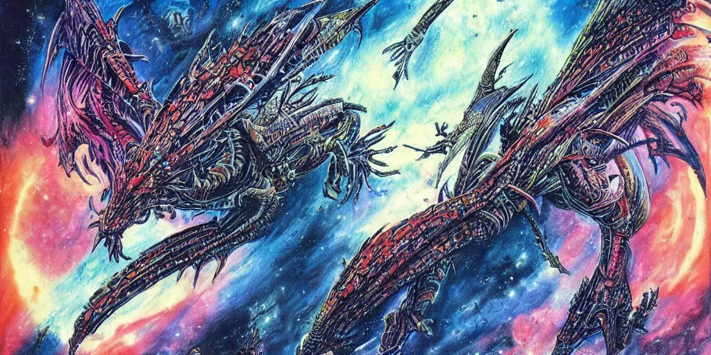 Image similar to an alien dragon flying through outer space, epic nebula, style of philippe druillet art