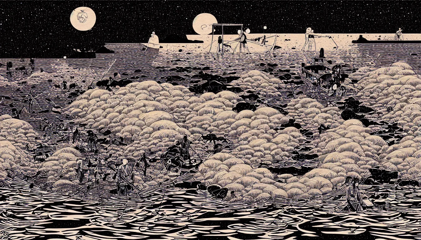 Prompt: raft in the lake by woodblock print, nicolas delort, moebius, victo ngai, josan gonzalez, kilian eng