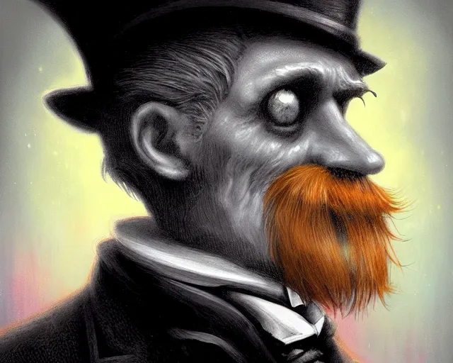 Image similar to closeup profile portrait of jack the ripper with a time machine, nicoletta ceccoli, mark ryden, lostfish, max fleischer, hyper realistic, artstation, illustration, digital paint, matte paint, vivid colors, bright, cheerful, detailed and intricate environment