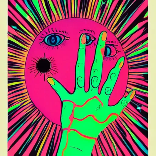 Image similar to a spooky ethereal glowing hand with a beautiful eye in its palm, night, psychedelic, bold black lines, flat colors, 1 9 7 0 s poster illustration