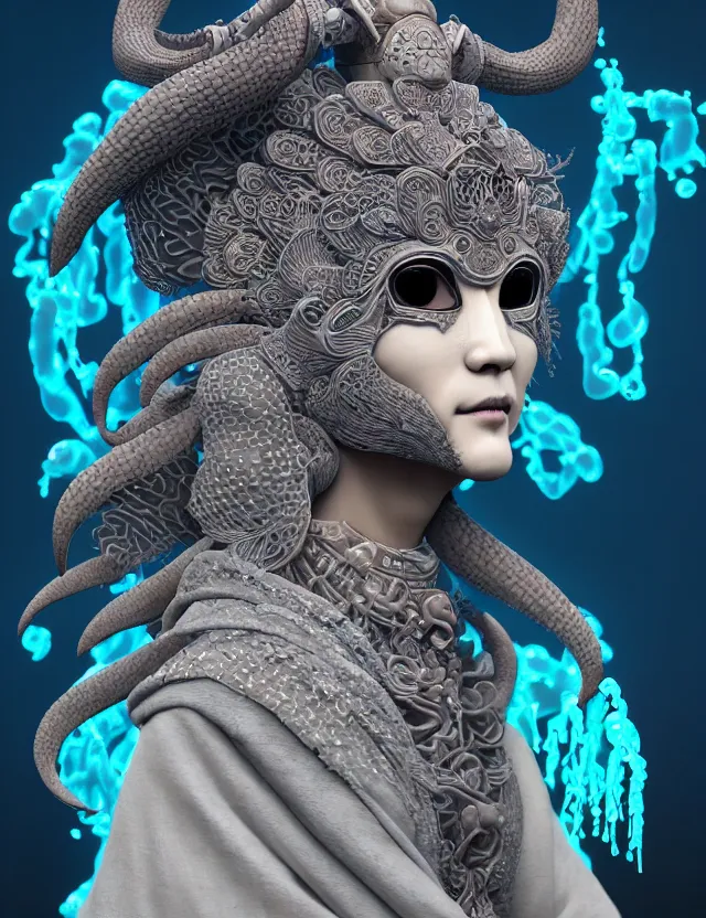 Image similar to 3 d goddess close - up profile portrait of cultist monk in hooded robe with ram skull. beautiful intricately detailed japanese crow kitsune mask and clasical japanese kimono. betta fish, jellyfish phoenix, bio luminescent, plasma, ice, water, wind, creature, artwork by tooth wu and wlop and beeple and greg rutkowski