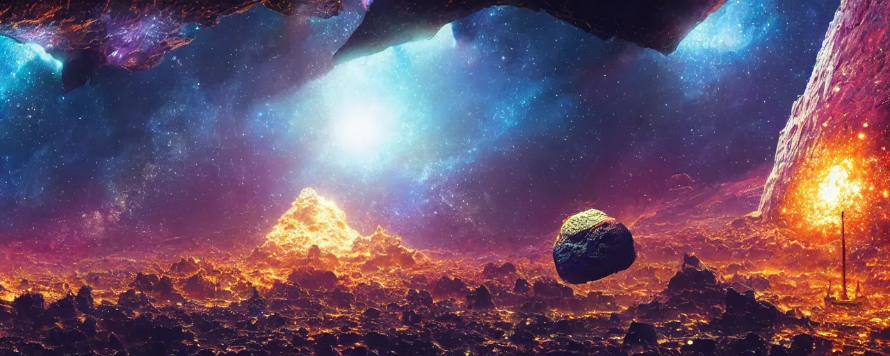 Image similar to asteroid made of shiny diamonds and crystals, [ shards, facets, by paul lehr, cinematic, detailed, epic, widescreen, opening, establishing, mattepainting, photorealistic, realistic textures, octane render ]