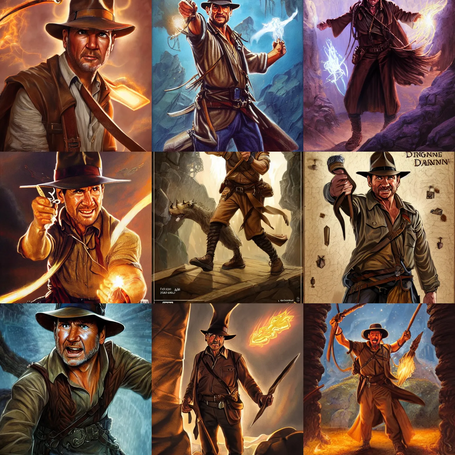 Prompt: Indiana Jones as a dungeons and dragons mage, powerful and wise, magical spells fly around him, 8k highly detailed illustration, high fantasy,
